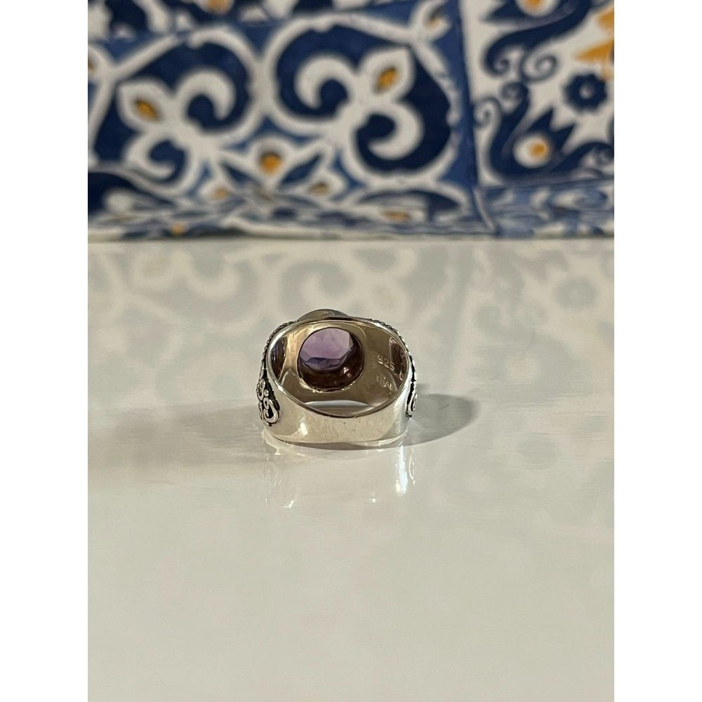 Elegant Purple Stone 925 Silver Ring with Intricate Details | Thai Made, Size 8 - Picture 3 of 6